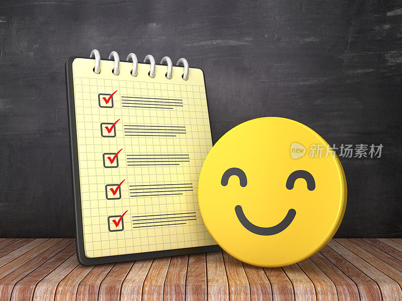 检查列表笔记垫与微笑表情在黑板背景- 3D渲染